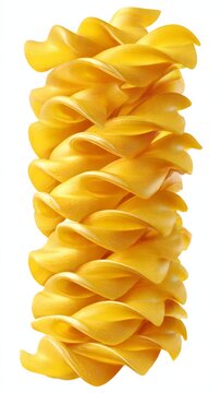 A vertical stack of golden-yellow fusilli pasta shapes creating an abstract textured column against a white background.
