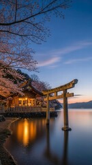 Obraz premium Japanese Shrine at Dusk: A tranquil scene unfolds as twilight paints the sky, illuminating a traditional Japanese shrine gracefully poised near calm water.