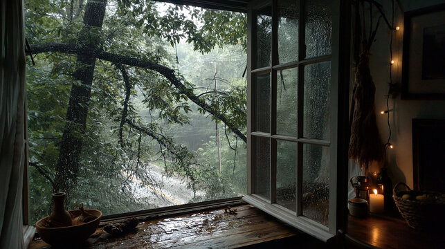 Cozy window view with rain and greenery in serene atmosphere. Window open to rainy morning view