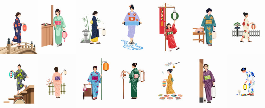 Collection of Vector Illustrations Featuring Japanese Women and Girls Wearing Colorful Traditional Yukata and Kimono with Lanterns at a Summer Festival