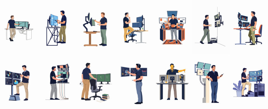 Set of professional man working with multiple computer monitors in high-tech control rooms and workstations for data analysis and monitoring.
