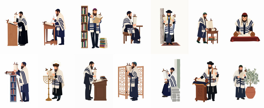 A diverse collection of illustrations depicting Jewish men in traditional orthodox attire engaging in religious study, prayer, and rituals with Torah scrolls.