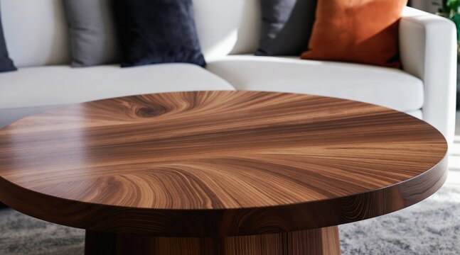 Round wood coffee table with natural grain texture in modern living room. Sleek furniture piece complements white sofa and accent pillows, adding warmth and style to home interior.