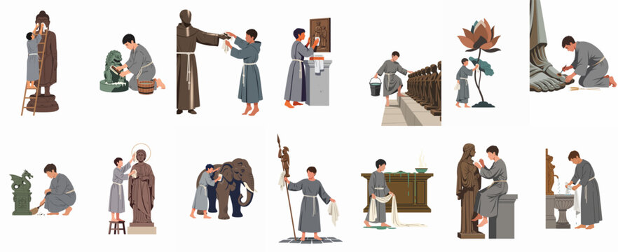 A flat vector illustration set depicting various scenes of young monks or temple workers cleaning and maintaining religious statues, artifacts, and spaces.
