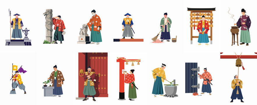 Collection of Flat Vector Illustrations Showing Men in Traditional Japanese Clothing Participating in Shinto and Buddhist Rituals and Customs.