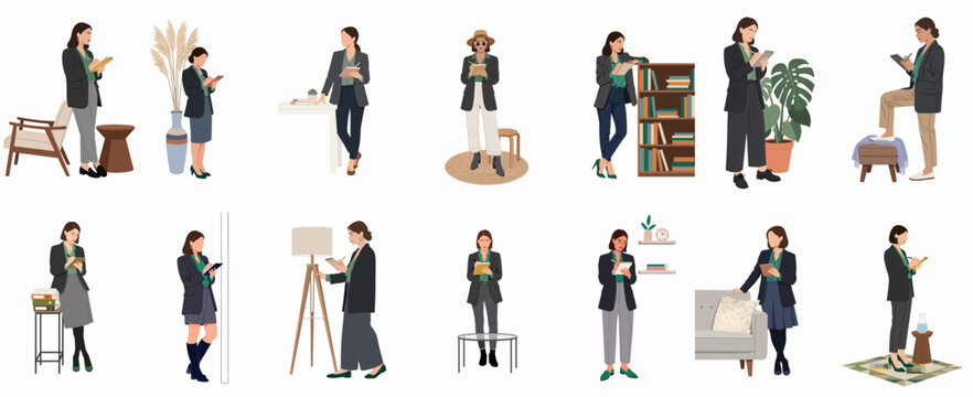 Set of minimalist flat vector illustrations featuring a professional woman in various office settings and business outfits while taking notes.