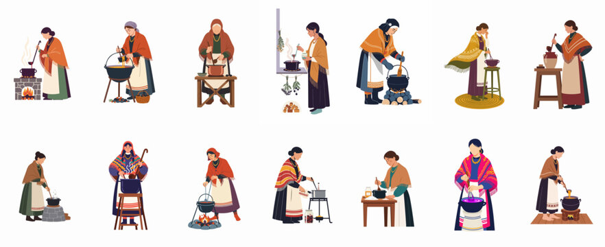 Set of flat vector illustrations featuring women in traditional folk costumes preparing food and cooking in cauldrons over fires using ancient methods.