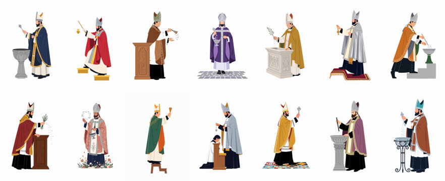 Collection of Catholic bishops in various liturgical vestments performing religious rites, ceremonies, blessings, and sacraments, set of flat vector illustrations.