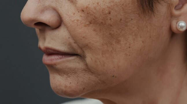 Mature woman facial profile shows sun damage skin texture and wrinkles. Close up detail of aging skin, pigmentation spots, lines, and complexion health. Natural lighting reveals epidermis condition.