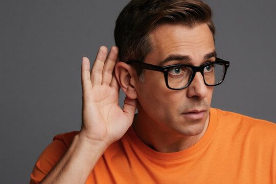 Man with glasses holds hand to ear. He seems to listen intently, perhaps to gossip or secrets. Man is curious about information he is trying to hear.