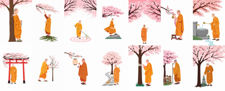 Set of Buddhist monk illustrations performing various mindful activities and rituals under blooming cherry blossom trees in a serene Japanese garden setting.