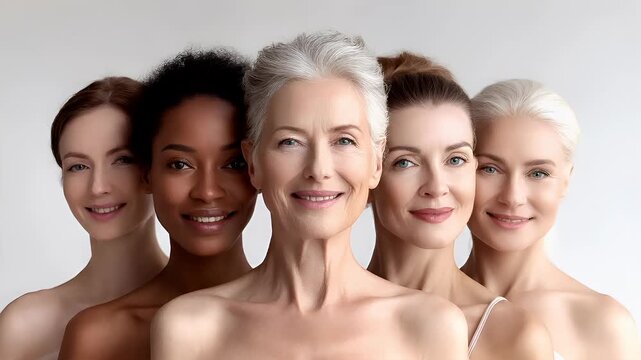 Female diversity. Human rights, equal opportunity concept. A portrait of five women, each with distinct skin tones and hairstyles, arranged in a symmetrical formation.