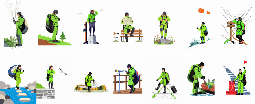 Comprehensive illustration set of a paraglider in a green jumpsuit engaged in various outdoor activities, preparations, and travel scenes.