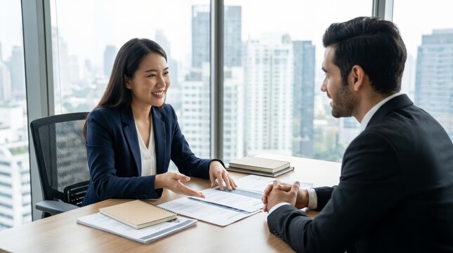 Smiling Asian female HR manager interviewing candidate across desk