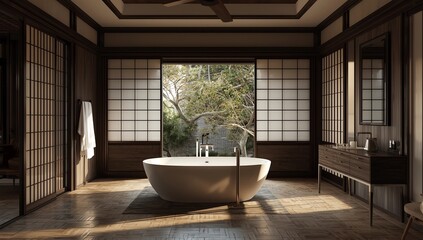 Fototapeta premium The Bath and toilet on bathroom japanese wabi sabi style .3D rendering
