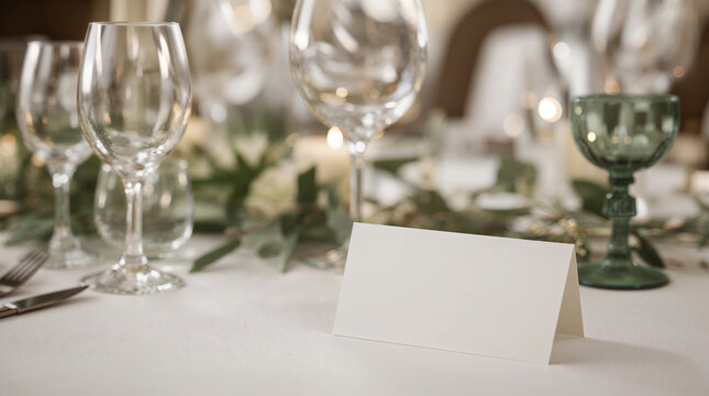 Mockup white blank space card, for Name place, Folded, greeting, invitation on wedding table setting background. with clipping path