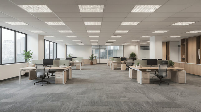 Modern flexible office work space interior fitout rows desks chairs T5 lights computer stations screens