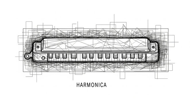 Harmonica Musical Instrument Sketch Drawing.