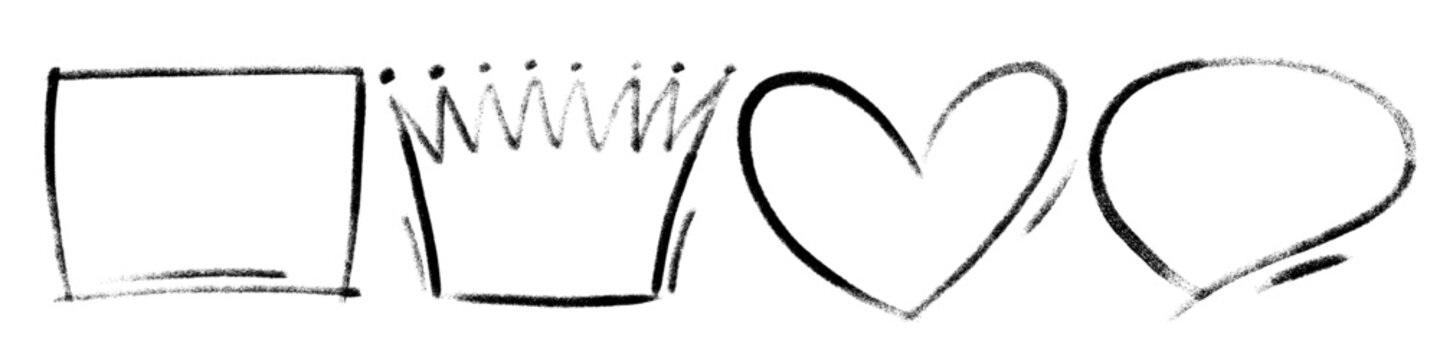 Four various hand-drawn frames such as call out cloud or speech bubble, crown, heart and rectangular. Textured one color gritty line shapes. Vector artistic elements for communication concept, quotes
