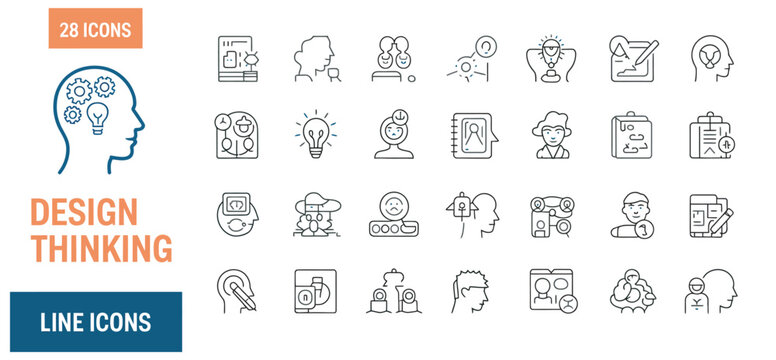 Collection of design thinking line icons for creative problem solving and innovation processes