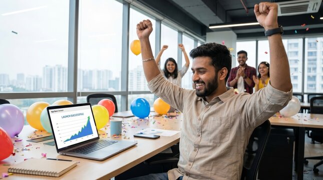 Happy young Indian male developer celebrating app store launch on laptop