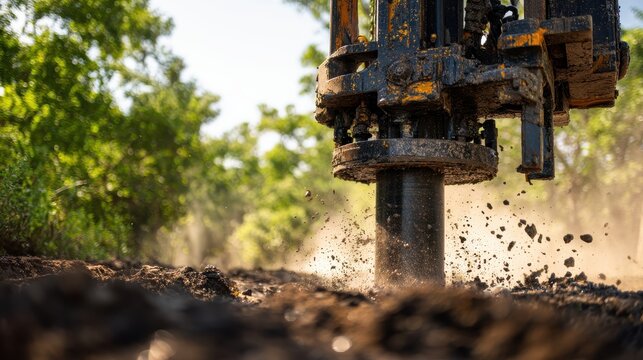 Heavy drilling rig digging into the earth, kicking up dust and debris during a construction or excavation project under natural light.