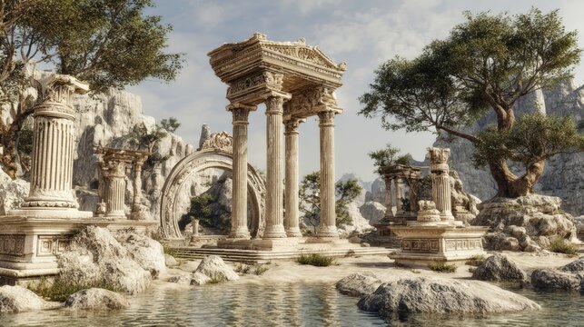 Lost civilization. Fantasy. A detailed, realistic depiction of an ancient Roman temple complex. The temple features intricately carved columns, a central pediment, and a central archway.