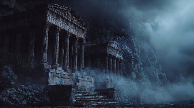Lost civilization. Fantasy. A dramatic, atmospheric portrayal of a grand, ancient temple set against a mountainous backdrop. The temple is intricately carved with columns and a central pediment.
