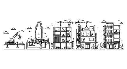 Obraz premium Construction process of a modern building from foundation to completion