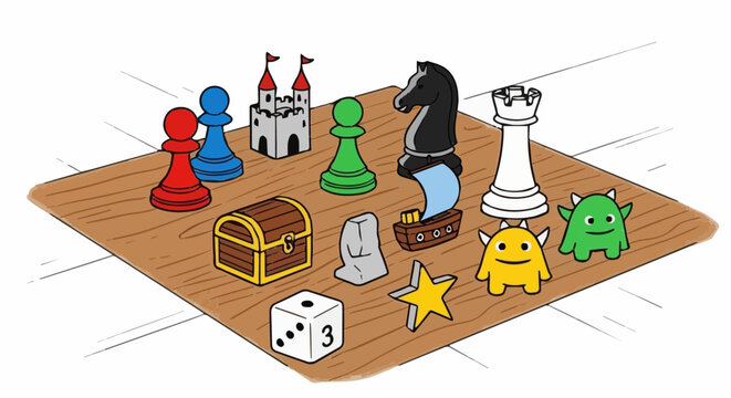 Collection of board game pieces, icons, and characters on a game board