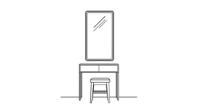 Minimalist vanity table with mirror and stool line art illustration