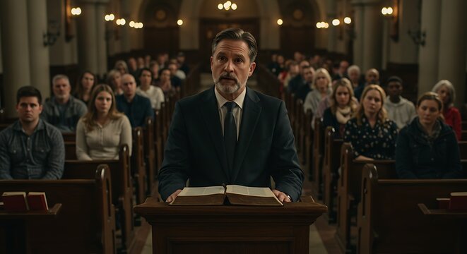 Solemn Pastor Delivers Sermon to Attentive Congregation in Ornate Church Interior.