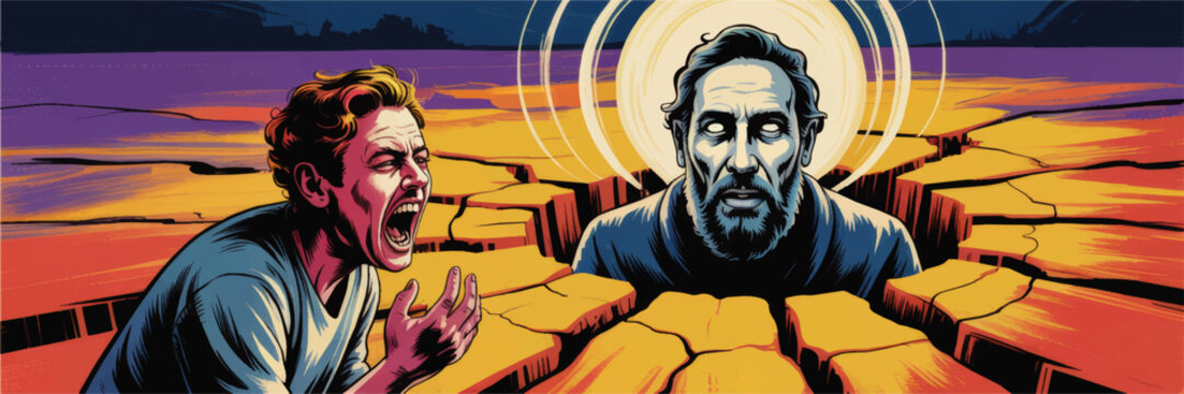 Surreal screaming man confronting ethereal glowing prophet in cracked desert landscape, dramatic colorful graphic novel art