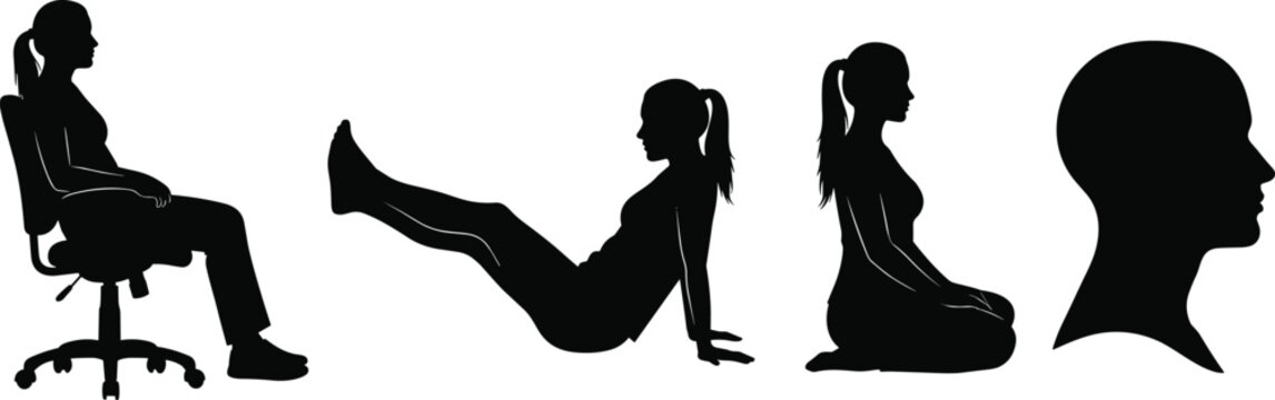 Black Silhouette Set of Women in Various Sitting Poses Including Office Chair Slumping Yoga Posture and Meditating Plus a Human Head Profile