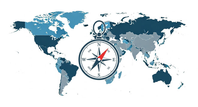 Compass on World Map for Global Navigation and Travel.