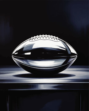 Futuristic silver American football trophy on dark blue background, digital illustration of shiny metallic sports ball on pedestal