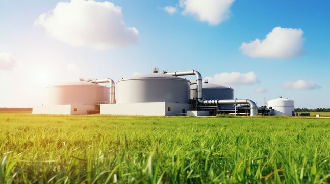 Biogas plant with large tanks processes organic waste into green energy. Facility in green field operates on sustainable technology producing biofuel. Modern farm infrastructure generates clean power.