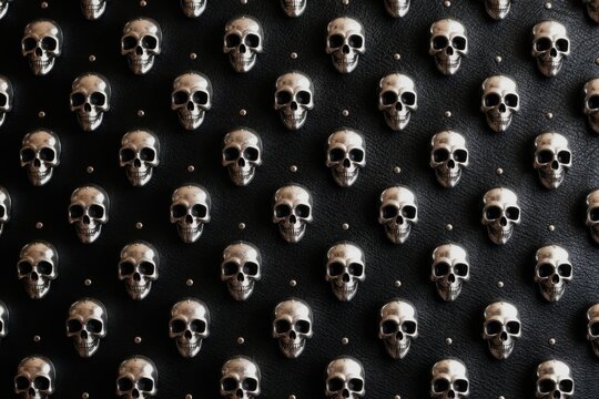 Repeating pattern of silver skull studs on black leather. Textured surface has metal rivets. Dark fashion accessory detail, punk rock style background, close up macro.