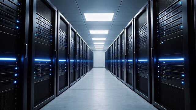 Rows of server racks in a data center