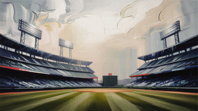 Empty baseball stadium illustration under dramatic sky, digital painting of sports arena field with lights and grandstands