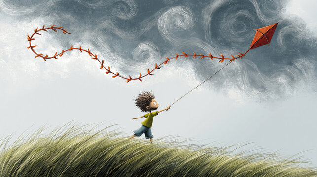 Boy flying a red kite in a field under cloudy sky  