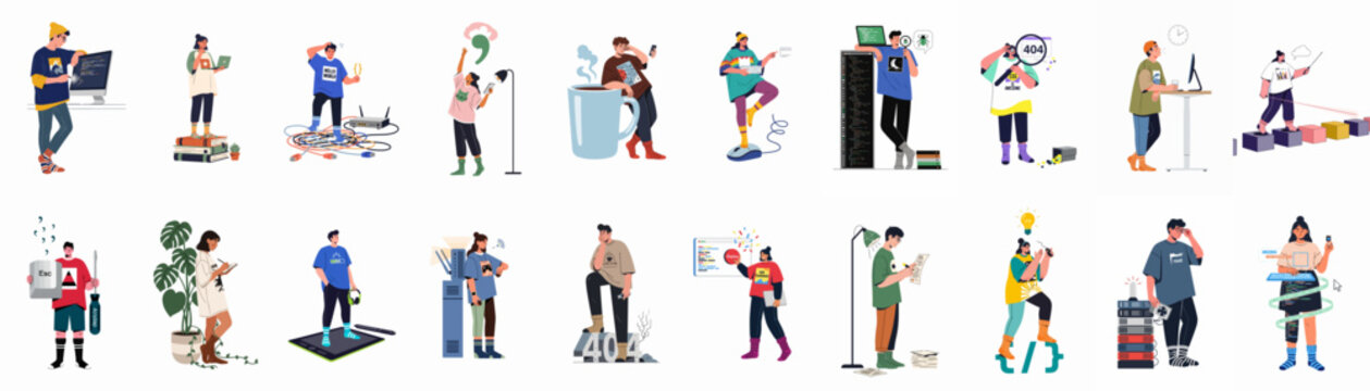 Comprehensive set of diverse programmer and web developer illustrations engaged in various technical tasks, coding, and software engineering activities in flat vector style.