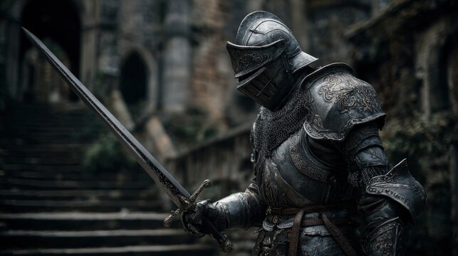 Europe medieval lifestyle. A detailed, dark, and atmospheric portrayal of a medieval knight in full armor, wielding a long, sharp sword.