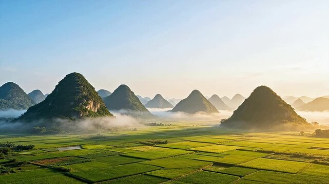 Misty mountains over green rice fields