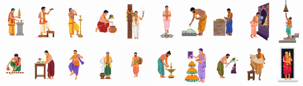 Flat vector set of Indian Hindu pundits and priests performing various religious temple rituals, prayers, and traditional ceremonies on a white background.