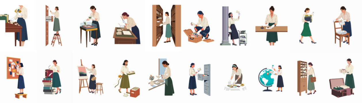 Illustrations of a woman archivist and researcher performing various historical preservation, filing, and organizational tasks in a vintage office or library setting.
