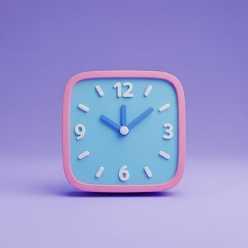Square pink clock with blue face and white numbers on purple background  time concept