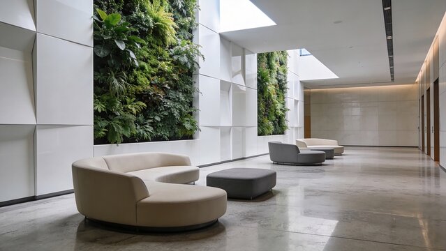 Modern lobby atrium with vertical garden wall