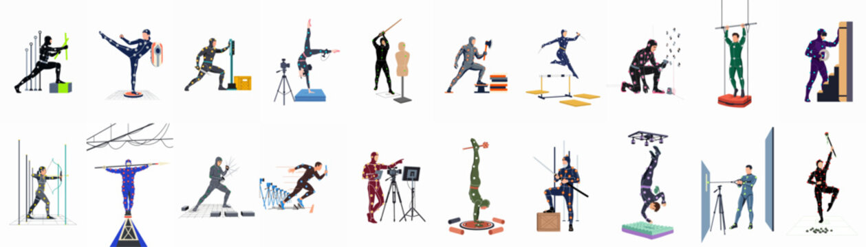 Set of diverse characters in motion capture suits performing various actions for film, video games, and sports animation production.