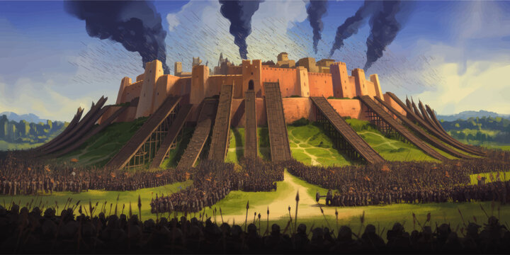 Epic medieval castle siege with massive army assaulting fortress walls under raining arrows and smoke, cinematic fantasy battle illustration